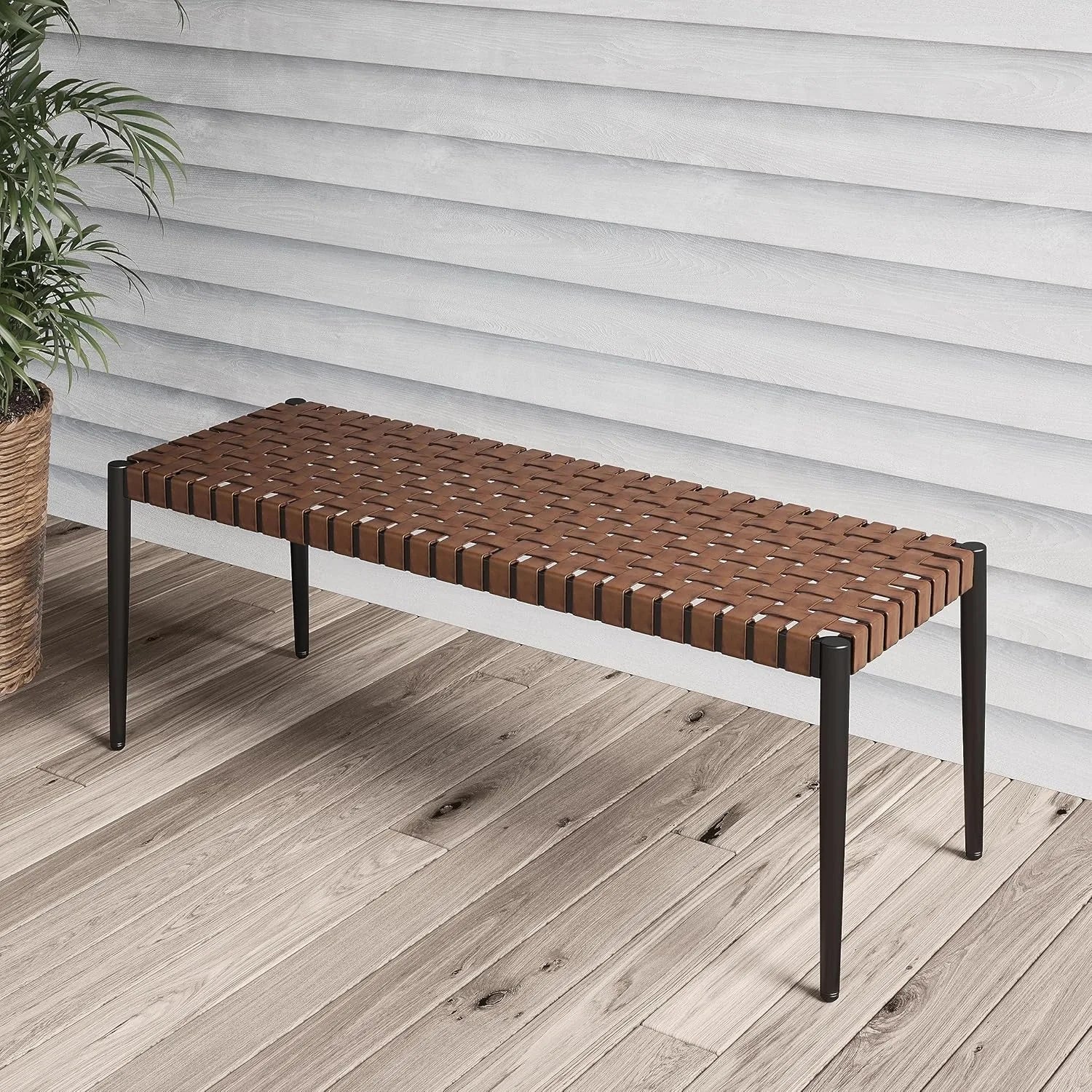 Bench 2-seat leather-look wicker with tapered legs outdoor for small front porch entryway - united states / natural