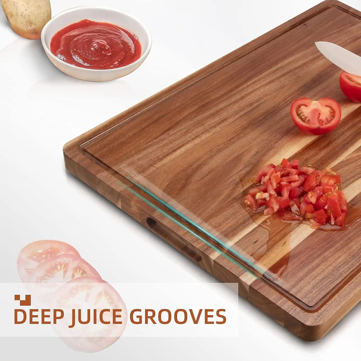 Acacia wooden cutting board for kitchen thick chopping with side handles & water grooves butcher block - 61x45.7x3cm