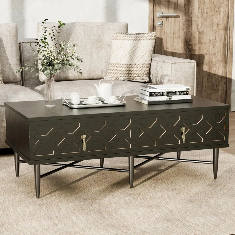 Mid century modern coffee table carved decorative center tea fluted wooden with storage for living