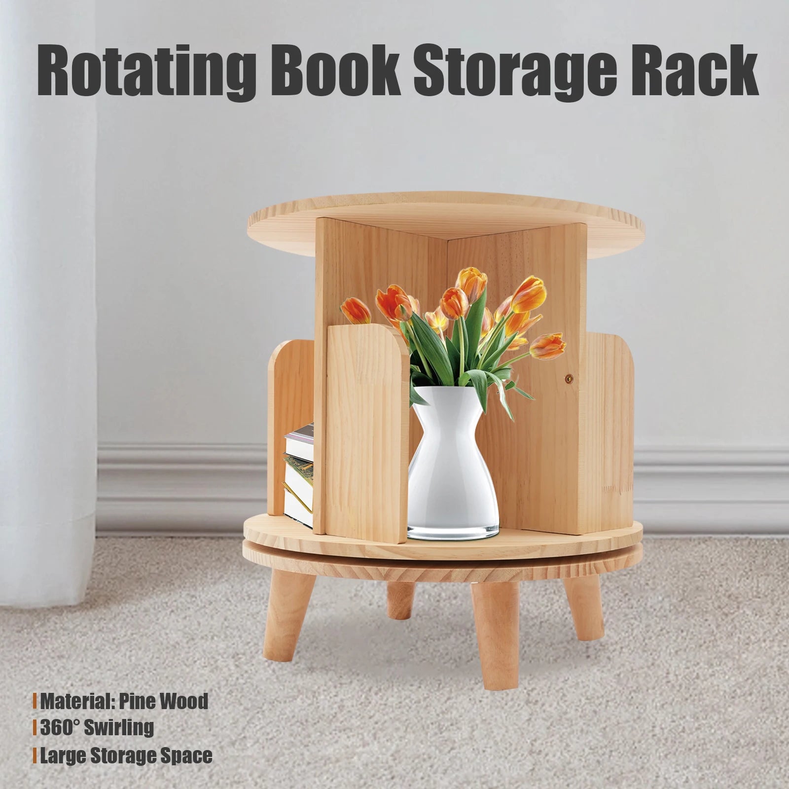 Versatile 360° free-standing wooden bookshelf organizer - space-efficient corner storage & display rack for books