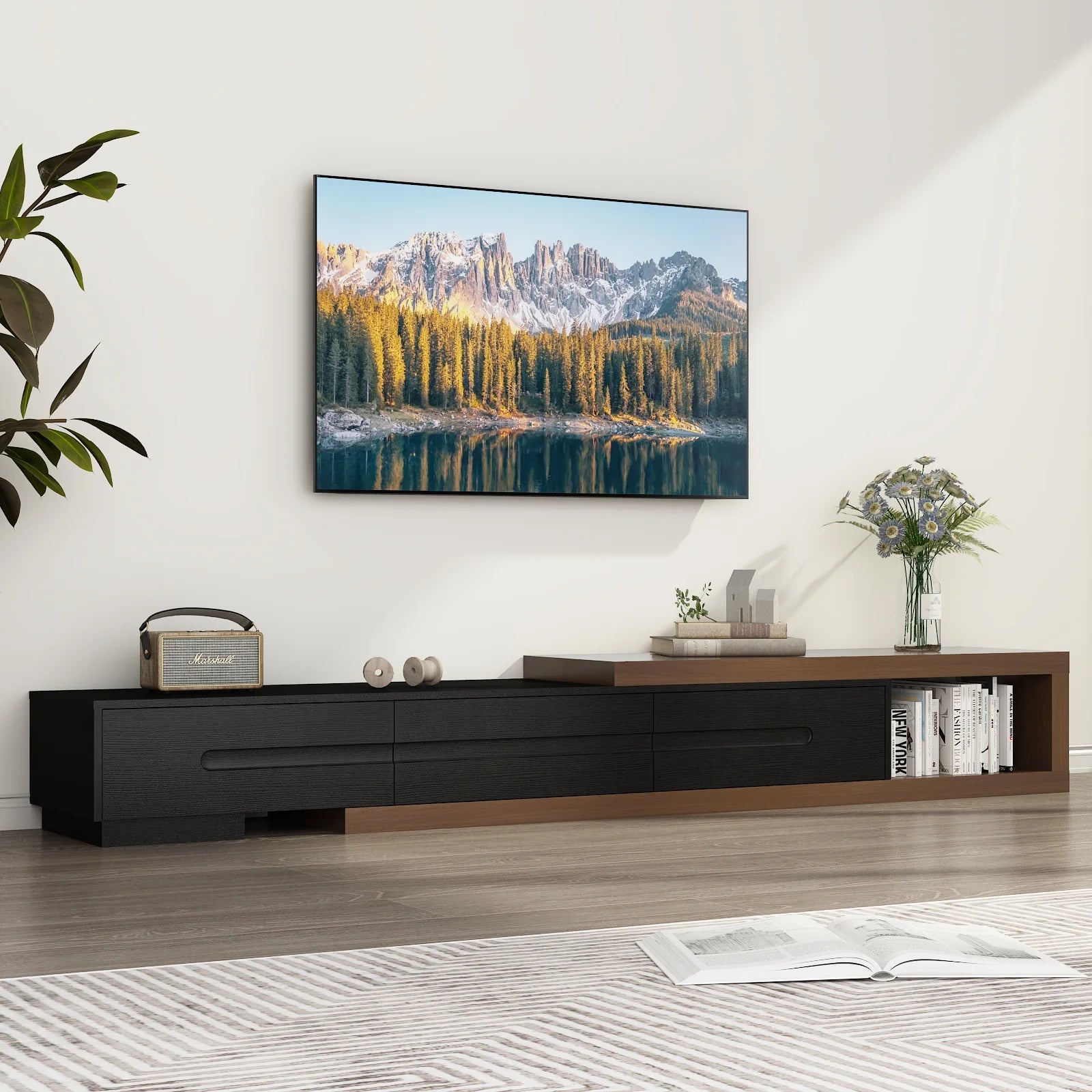 82-110-extendable-tv-stand-for-up-to-120tv-wood-reversible-tv-media-console-w-3-drawers-open-storage-shelf-for-living-room