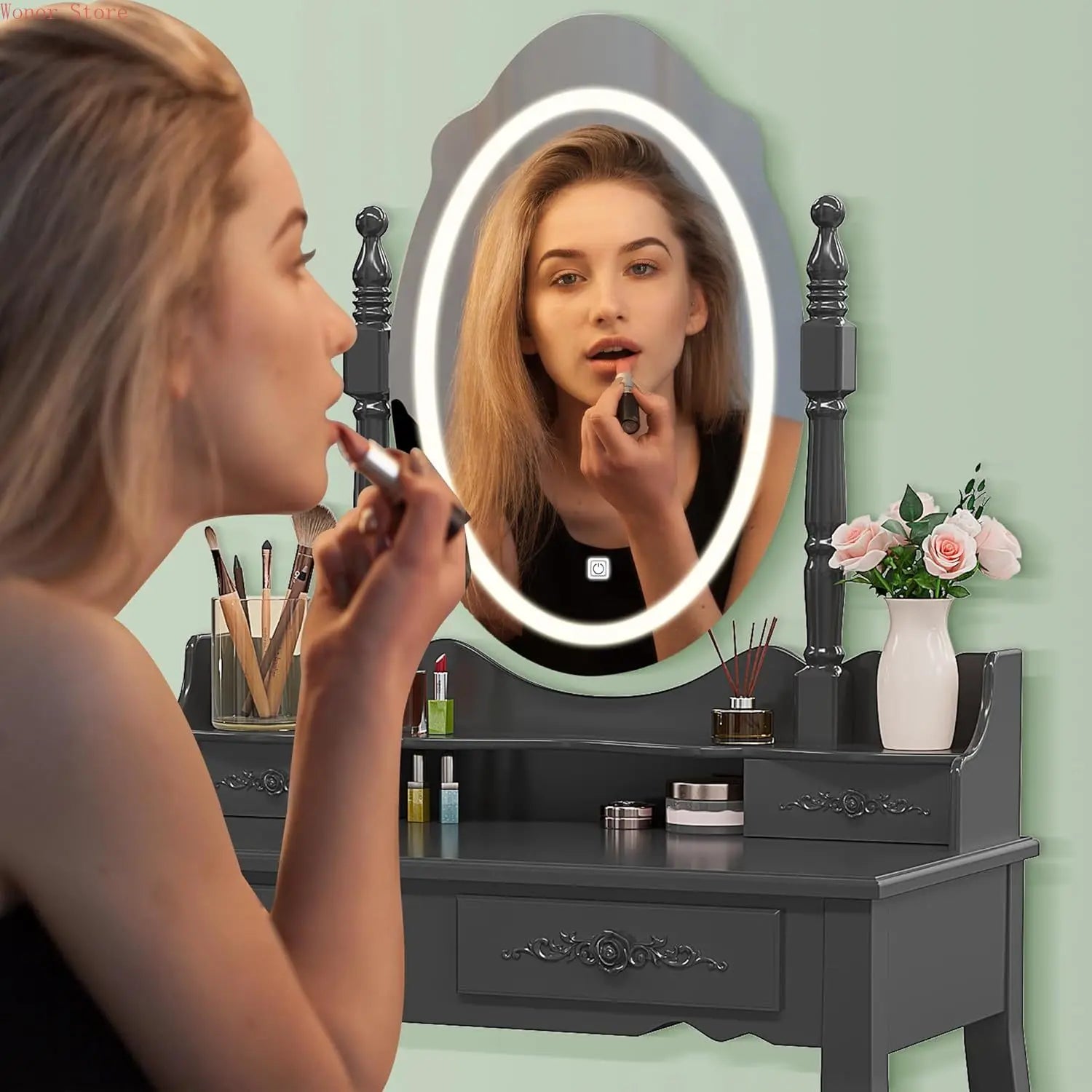 Vanity desk with mirror and lights modern makeup table cushioned stool set 4 drawers 3 color lighting modes - united