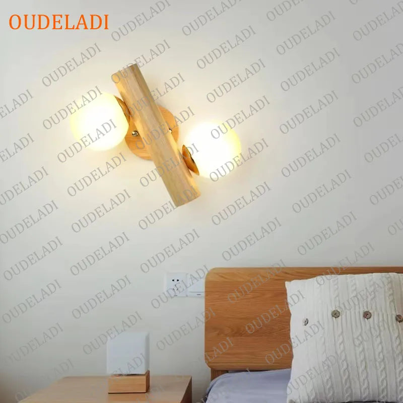 Oudeladi wooden wall lamps for living room bedside glass ball decor lamp stairs aisle rest area farmhouse background