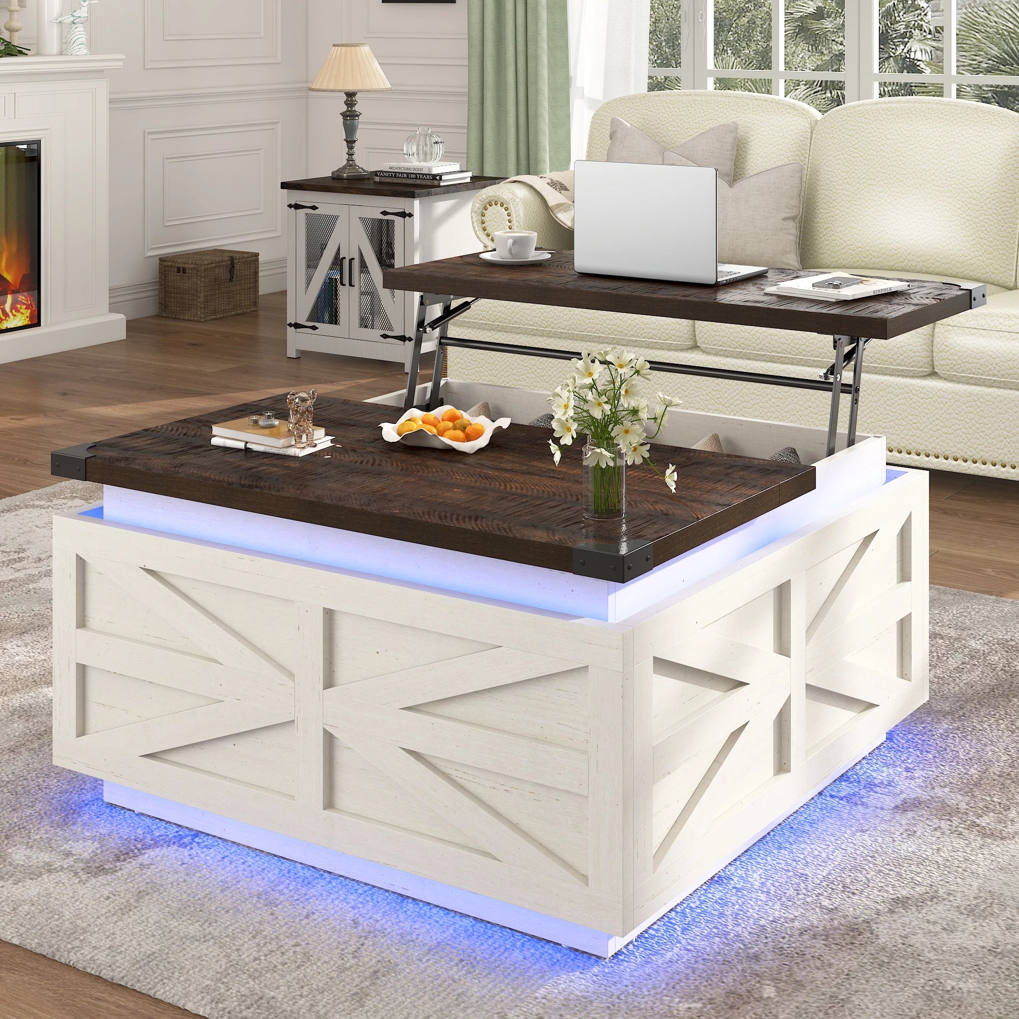 35.8’’ farmhouse lift top coffee table with storage square led lights wood center hidden - wtbr / united states