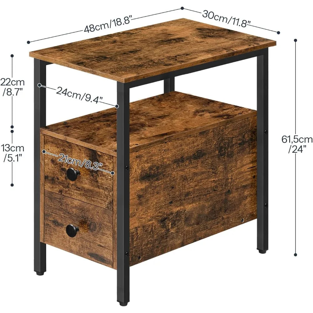 Narrow chairside table with drawer and shelf nightstand for small spaces stable sturdy - rustic brown blac / united