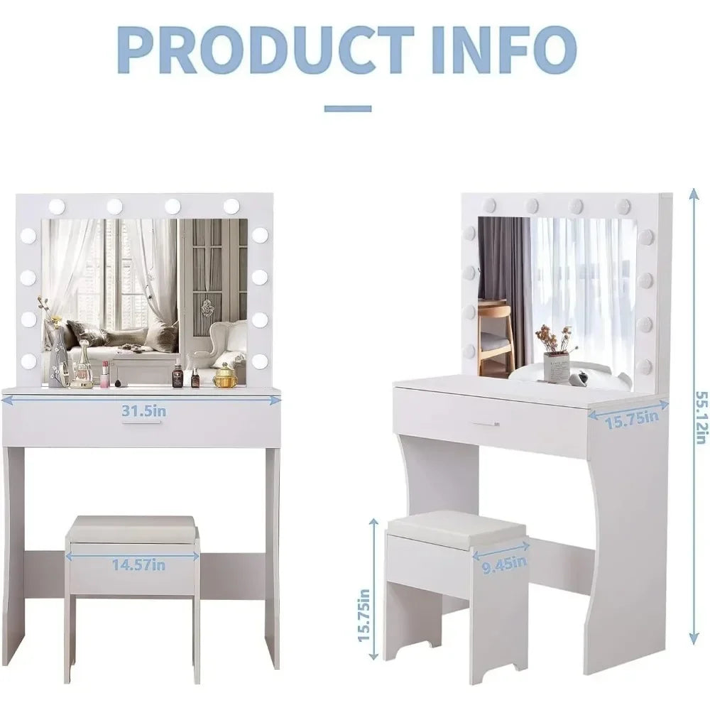 Vanity table set with lighted mirror - makeup lights adjustable brightness large drawer sturdy wood white - united