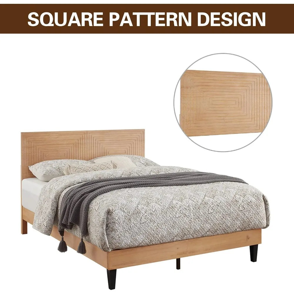 Solid wood king size bed frame with adjustable height headboard mid century modern style mattress foundation