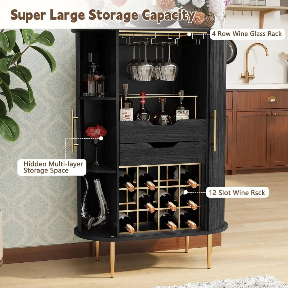Wooden wine bar cabinet with tambour door 16-bottle rack glass stemware holder coffee station liquor storage - black