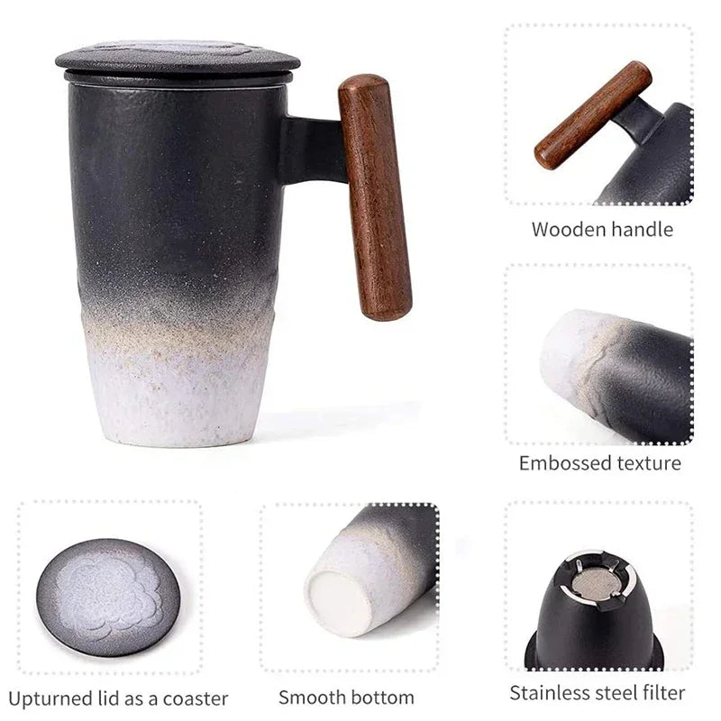 Luxury ceramic bubble tea cup vintage large thermal coffee mug breakfast cups beer tableware wooden handle personalized