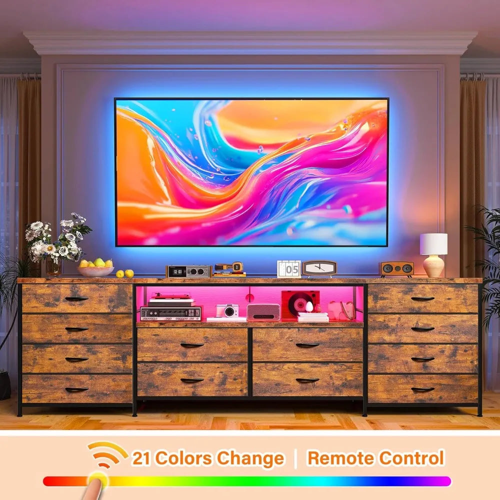 12 drawer dresser tv stand for 65 70 75 inch 63’’ w extra long bedroom with led lights & power outlets entertainme