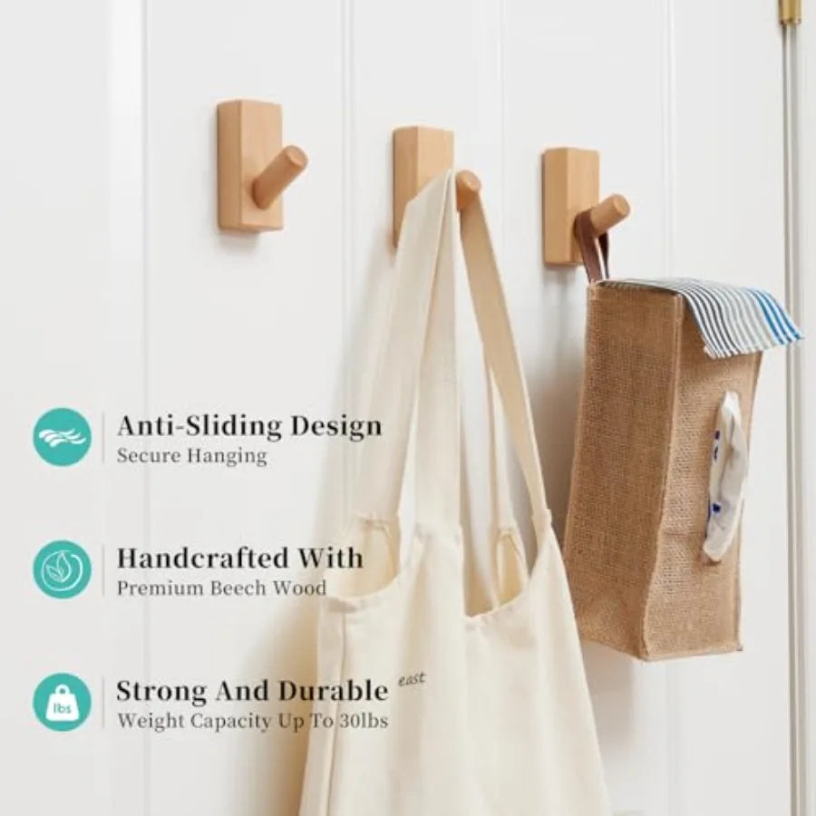 Beech wood coat rack 4 pack hooks mounted rustic wooden wall entryway for clothes hats towel purse robes bathro