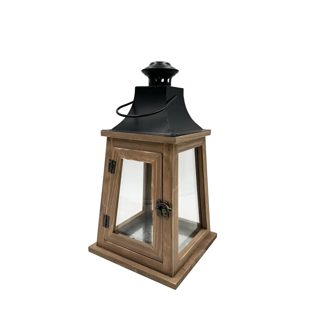 2 pack rustic wood metal lantern candleholder decorative light holder indoor use with clear glass windows pillar