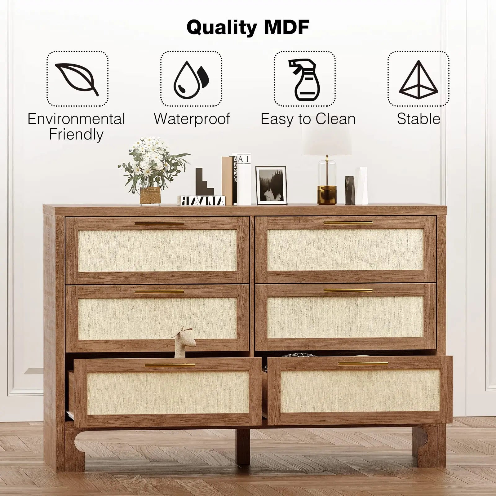 Dresser for bedroom with 6 drawers burlap design wood drawer chest of closet living room hallway nursery - united states