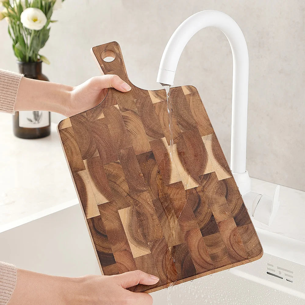 Hezhen cutting board acacia wood kitchen double-sided use hangable dark square racket shape chopping - 41x22x1.9cm