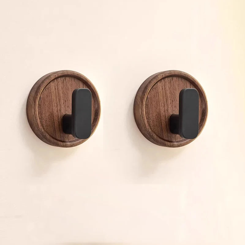 Walnut wood coat rack hooks black wall hangers for hanging keys clothes bathroom robe and towels entryway， no drilling