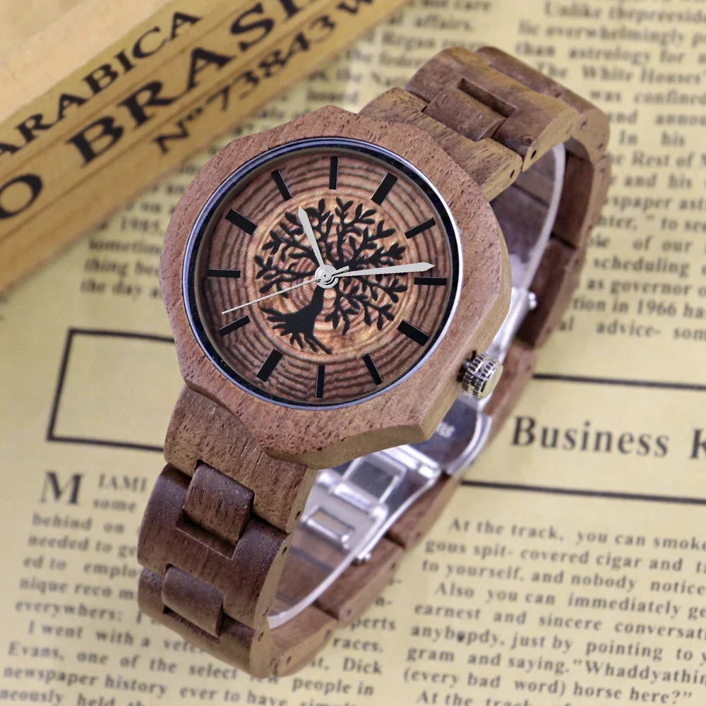 Haute tree-of-life wood quartz watch feather-light folding buckle wooden strap sophisticated business timepiece for men