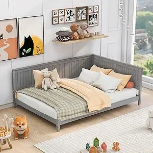 Full size daybed frame with backrest wooden sofa bed slats support and l shape platform for - grey / united states