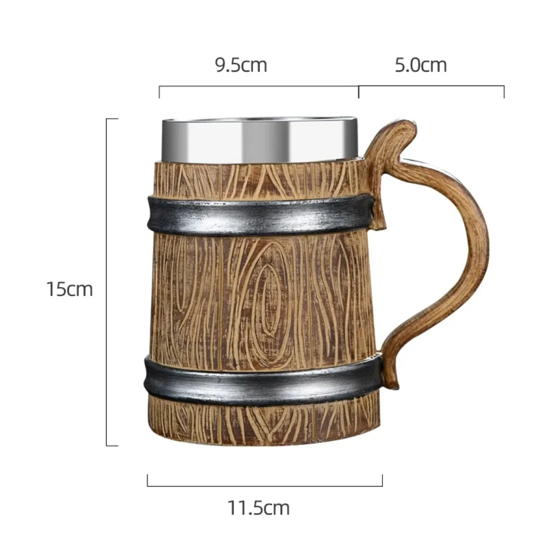 Viking wood style beer mug 3d resin stainless steel coffee cup wine glass metal double wall jug thermal - 121 / 600ml