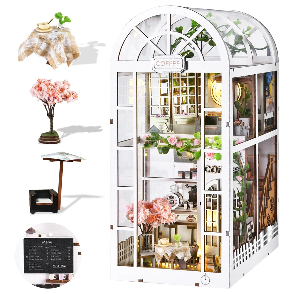 Sunshine coffee shop diy book nook kit 3d wooden puzzle home decoration house for bookshelf miniature insert stand