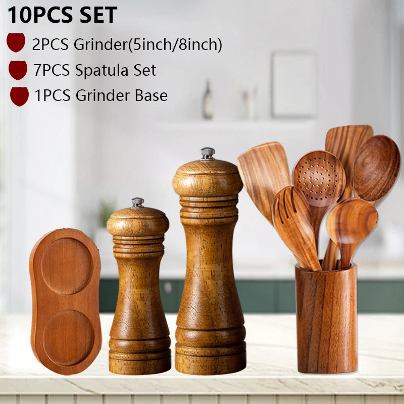 Wxcoo wood salt and pepper grinder cooking spice shakers mills grinding bottle with base kitchen accessories - 10pcs