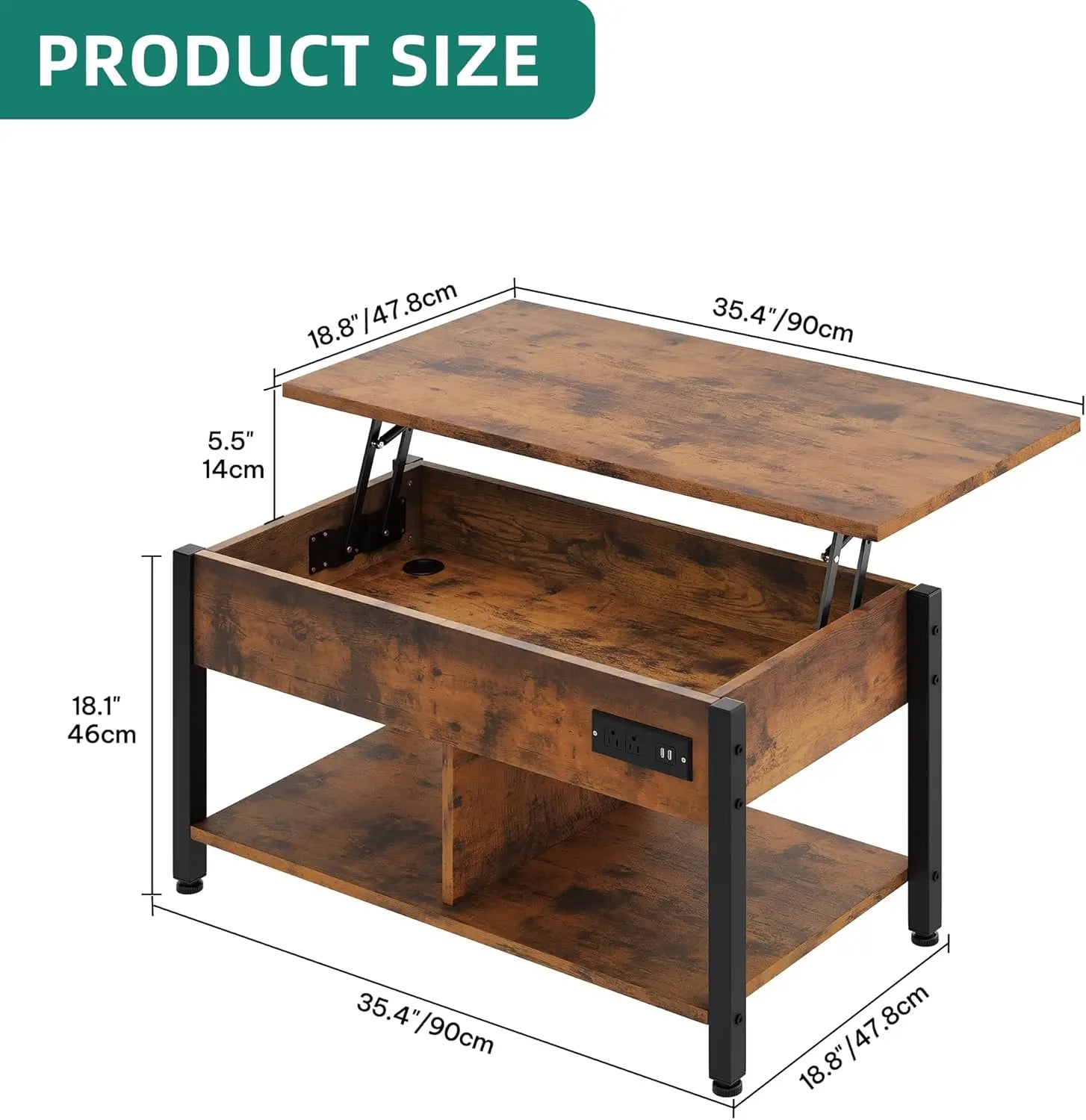 Lift top coffee table with rgb light 3-in-1 power outlets hidden & open storage adjustable height wooden - brown