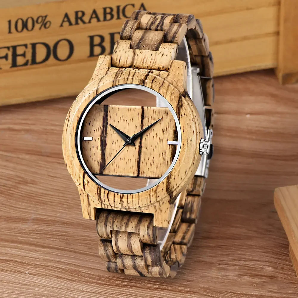 Men women natural wood watch unique hollow dial with full wooden bamboo bangle quartz wristwatch novel handmade clock