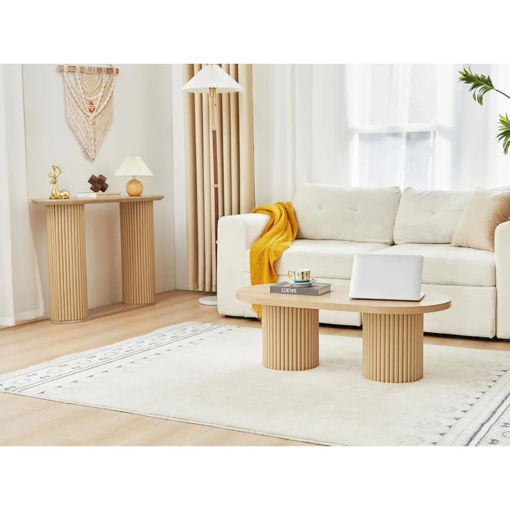 Fluted oval coffee table for living room boho modern with legs curved round wood center home s