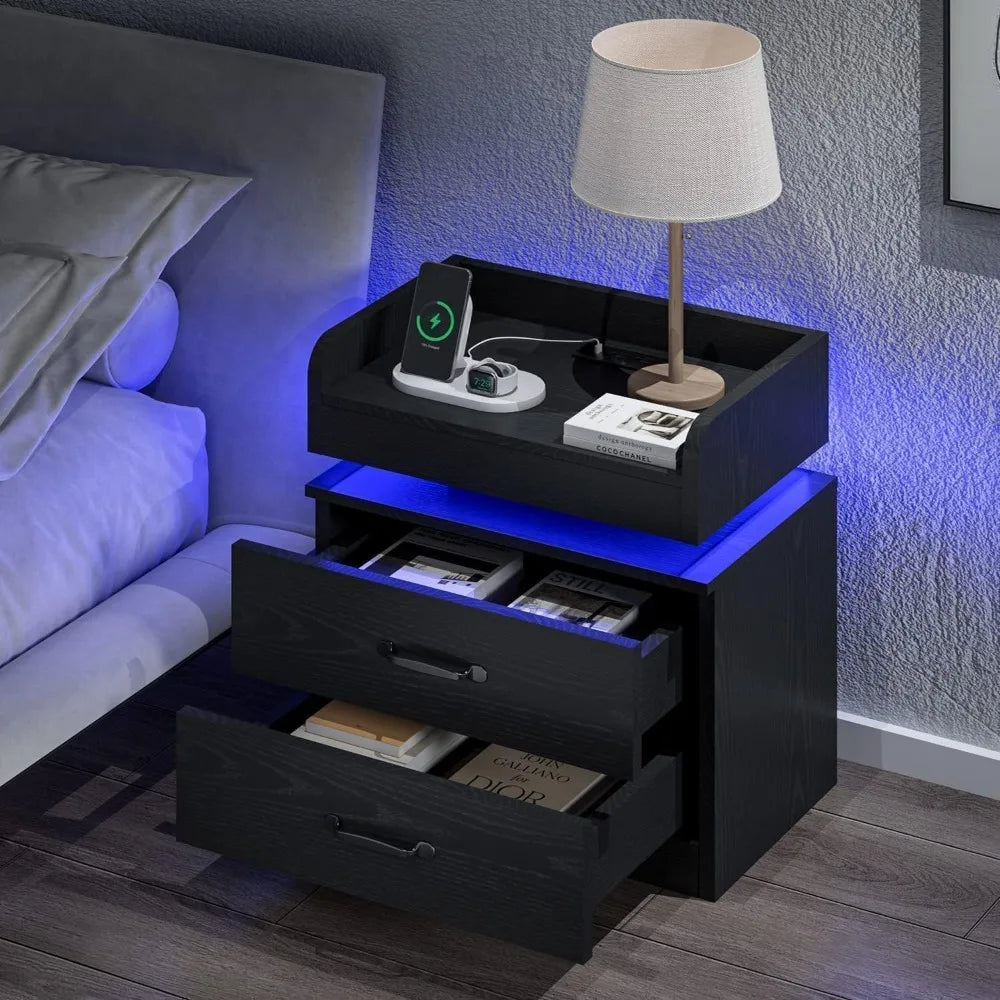 Black nightstand with charging station night stand led lights modern led end table for bedroom