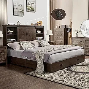 Vanacc queen size bed frame wooden platform storage with 51.2’’ bookcase headboard 2 drawers charging station/no box