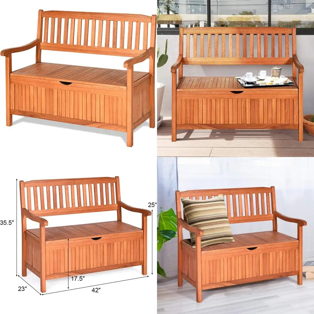 Wooden outdoor storage bench with removable lining and portable handle for deck entryway - united states / natural