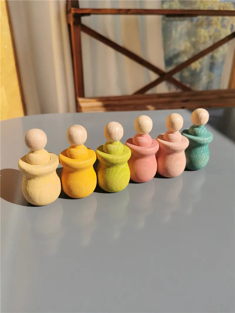 Rainbow wood peg dolls with cups handmade stain stacking people in bowls for kids open-ended play - pastel 6 - game