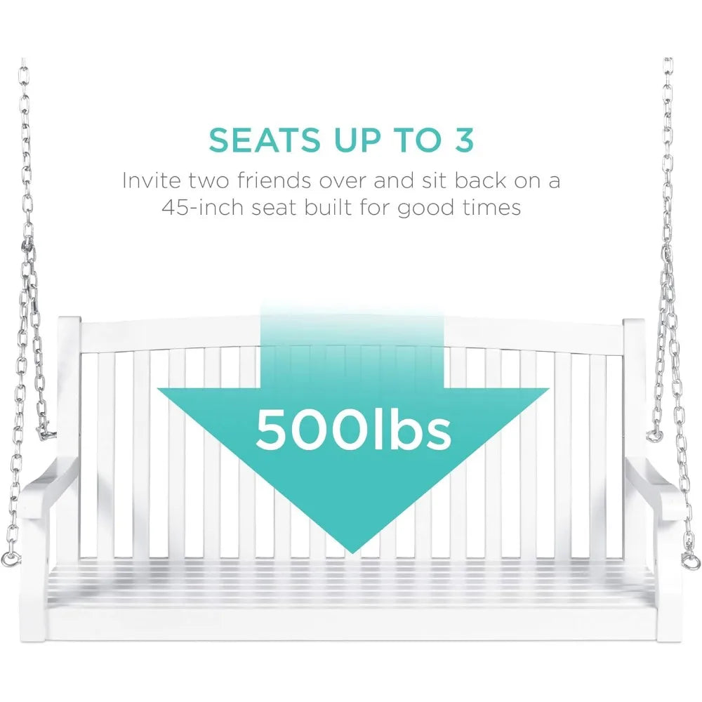 Outdoor patio wood swing bench chair deck garden yard hanging furniture with mounting chains - united states / white