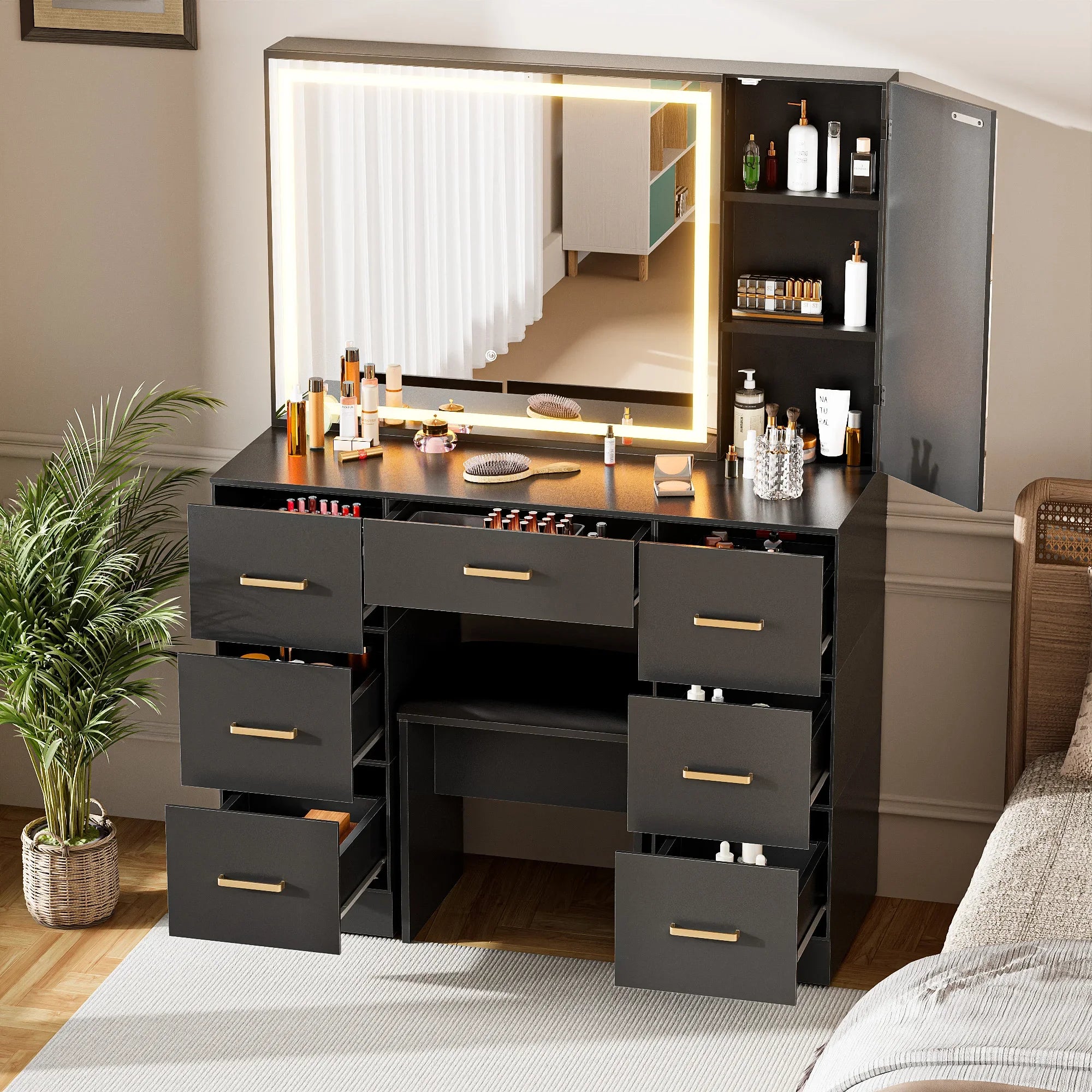 Wooden dressing table with stool/7 drawers/mirror/adjustable brightness suitable for makeup bedroom home room
