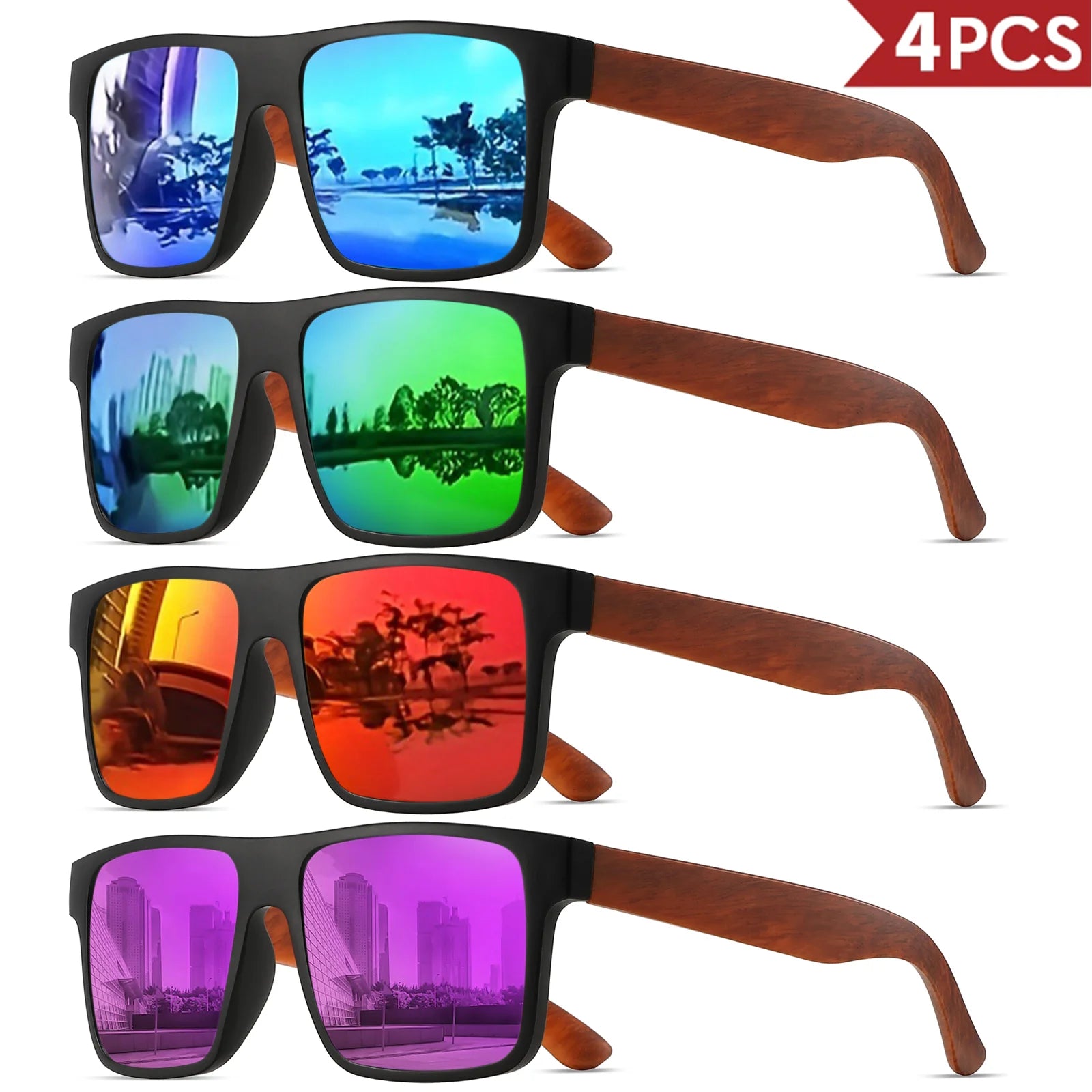 4pcs polarized retro square sunglasses - mahogany wood grain temples & spring hinges uv400 for driving/travel/outdoor