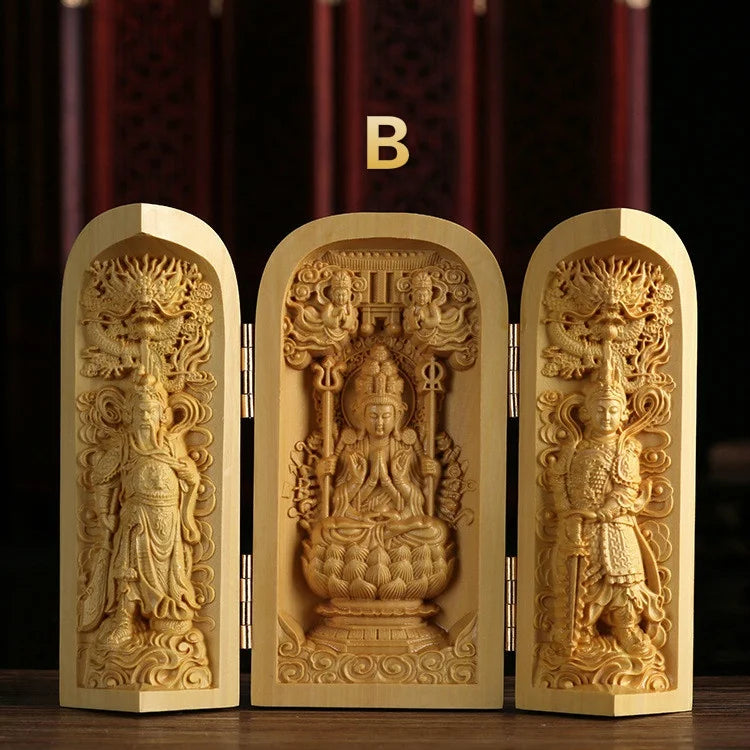 1pc exquisite boxwood carving guanyin buddha statue western sansheng wood crafts home decoration - b - religious