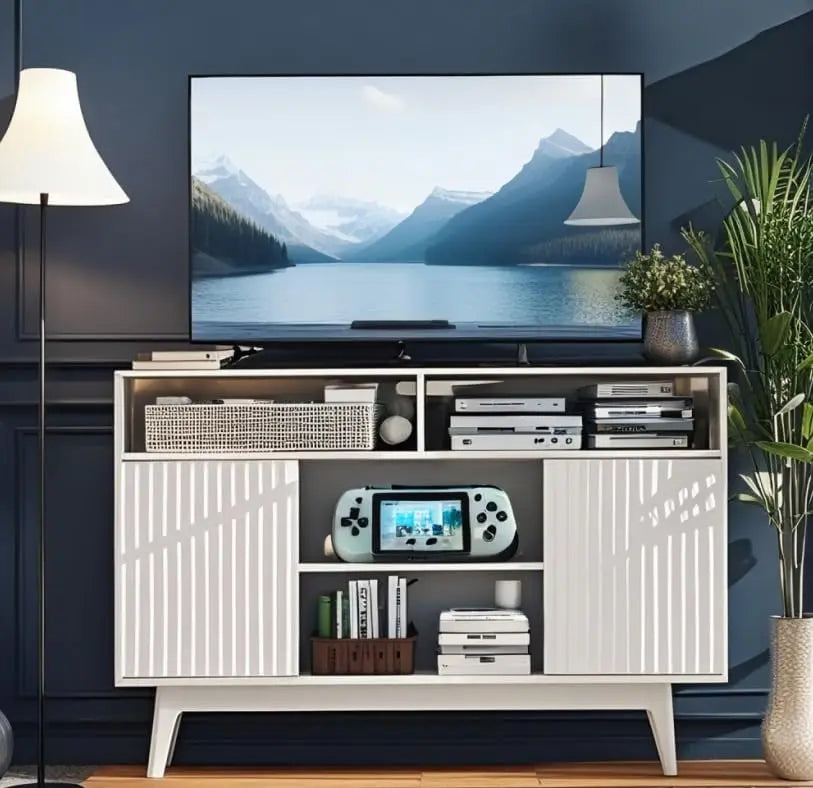 Fluted tv stand for 60 inch modern entertainment center with storage and shelves wood console solid leg - white