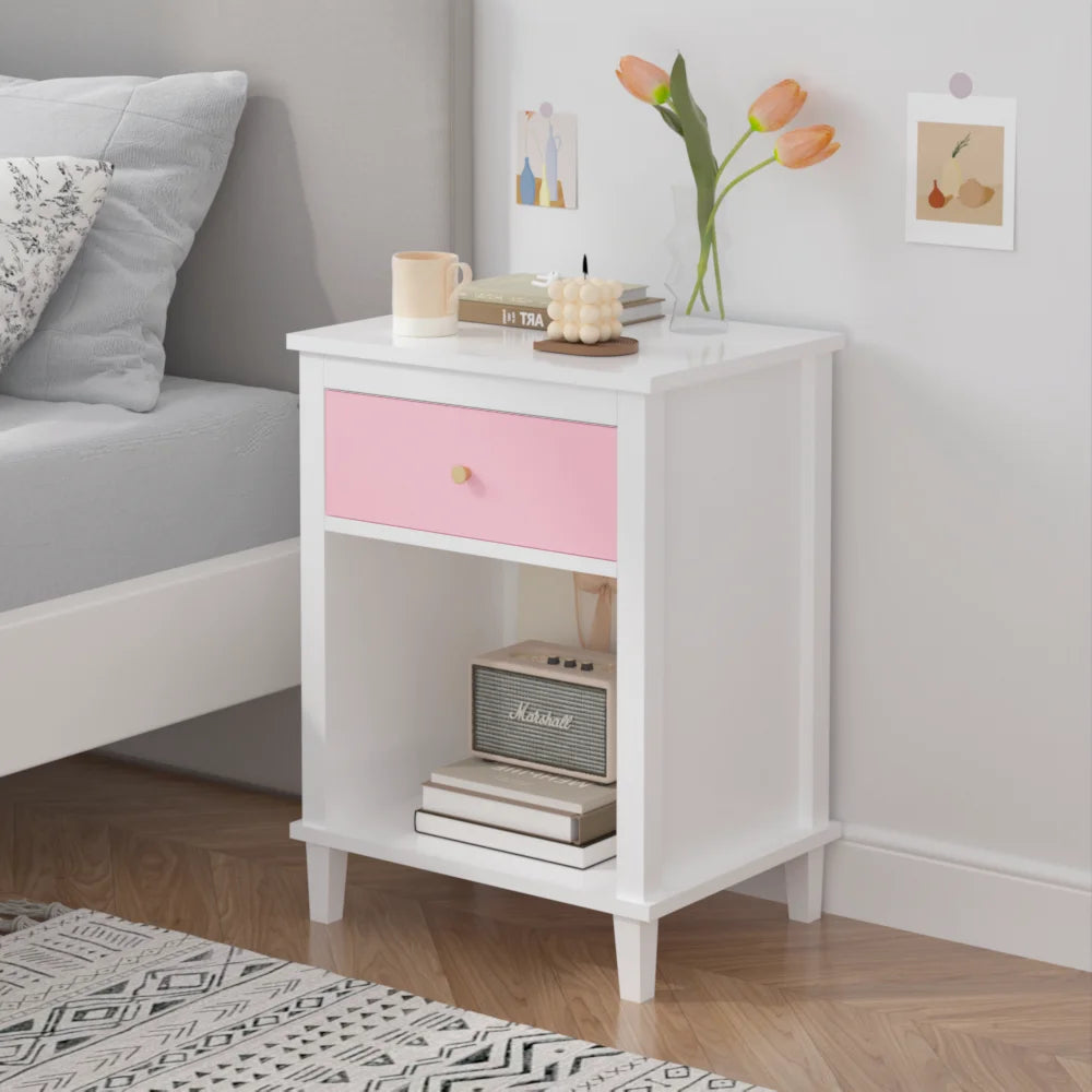 26.77’’h wooden nightstand with one drawer shelf for kids adults pink + golden handle