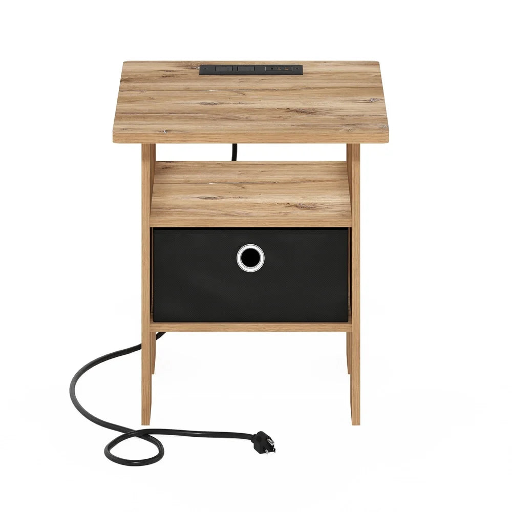 Usb type-c charging end table with storage basket nightstand living room bedroom modern design durable wood