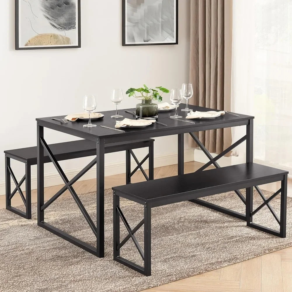 Wooden kitchen table set with metal frame 4-seater dining for breakfast nook and compact spaces - united states / black
