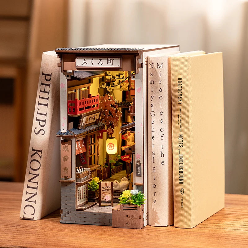 Robotime rolife sakura wine alley japanese style design book nooks kit for family home bookshelf decoration 3d diy