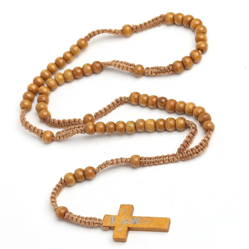 Yupsk catholic wood beads rosary necklace for women cross pendant hand braided rope chain men religious prayer jewelry
