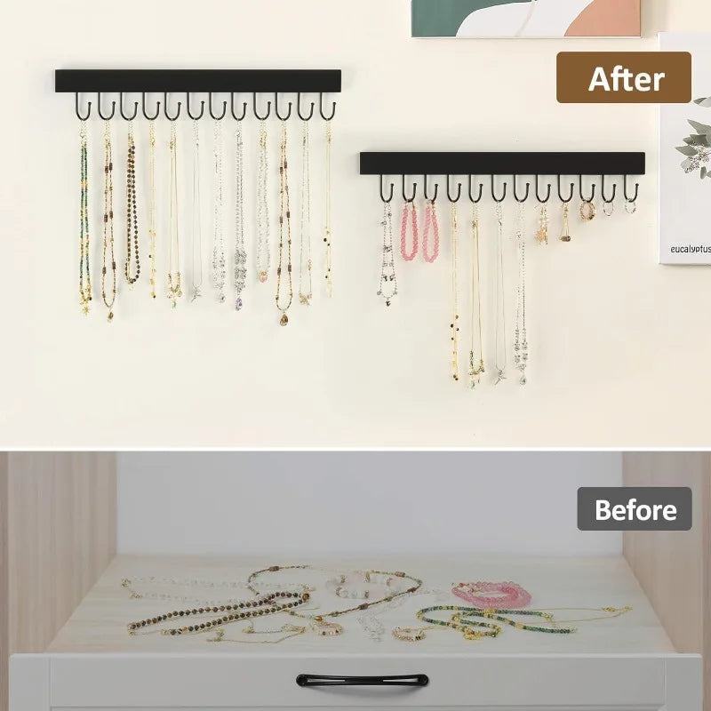 2 pack necklace organizer wall mount wooden jewelry hanger holder with 24 hooks,hanging - black / united states