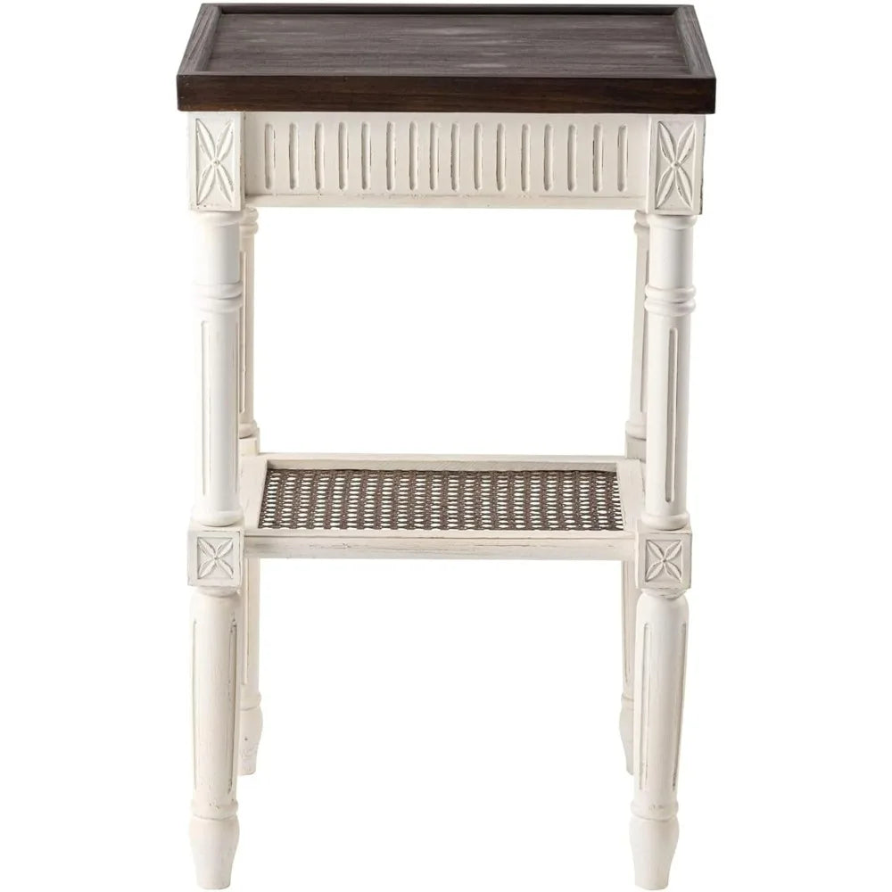 Rustic farmhouse cottagecore accent end table distressed side with espresso tray top and woven wicker shelf boho,