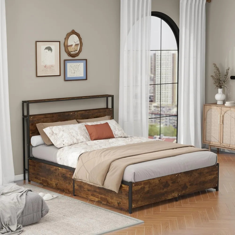 Modern queen size bed frame with 4 storage drawers - industrial metal & solid wood platform sturdy space-saving