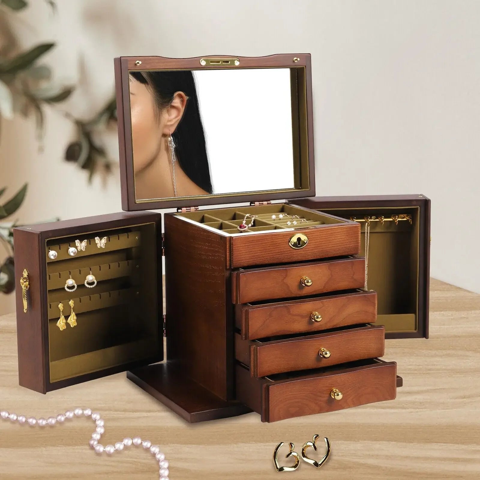 Wooden 5-layer large 4 drawers jewelry box for wowen with mirror organizer - united states / l / 5 layer - box