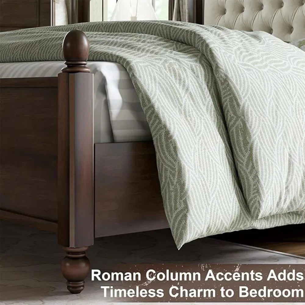 Solid wood bed frame queen size transitional platform with 52.5’’ upholstered tufted headboard rubberwood/roman column