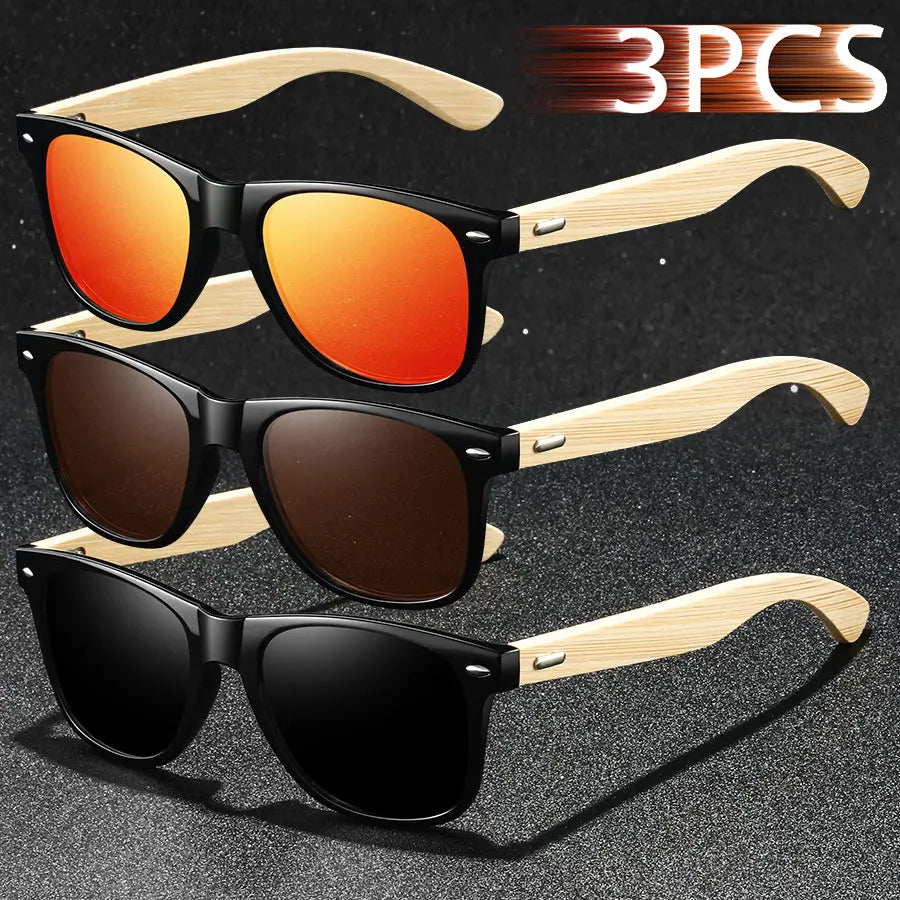 3pcs fashion vintage bamboo wood square sunglasses men women fishing driving man luxury brand designer sun glasses