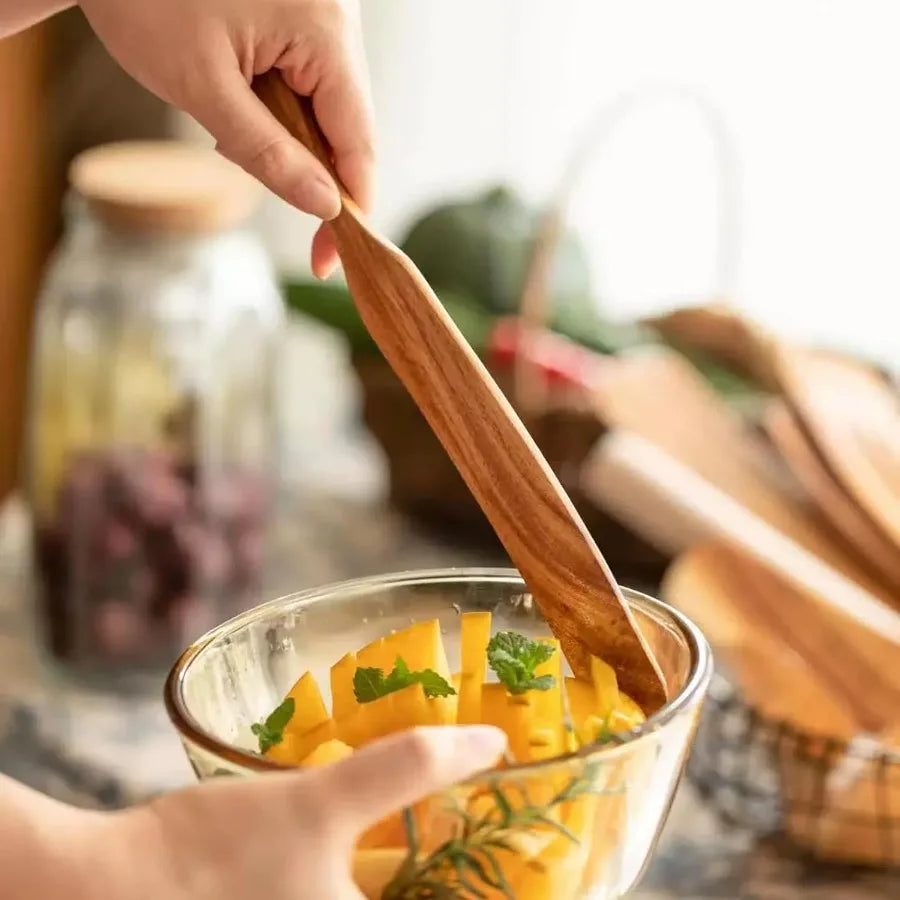 Wooden spatula for sourdough ter mixing cooking baking teak kitchen utensil with flat edge nonstick cookware jars bread