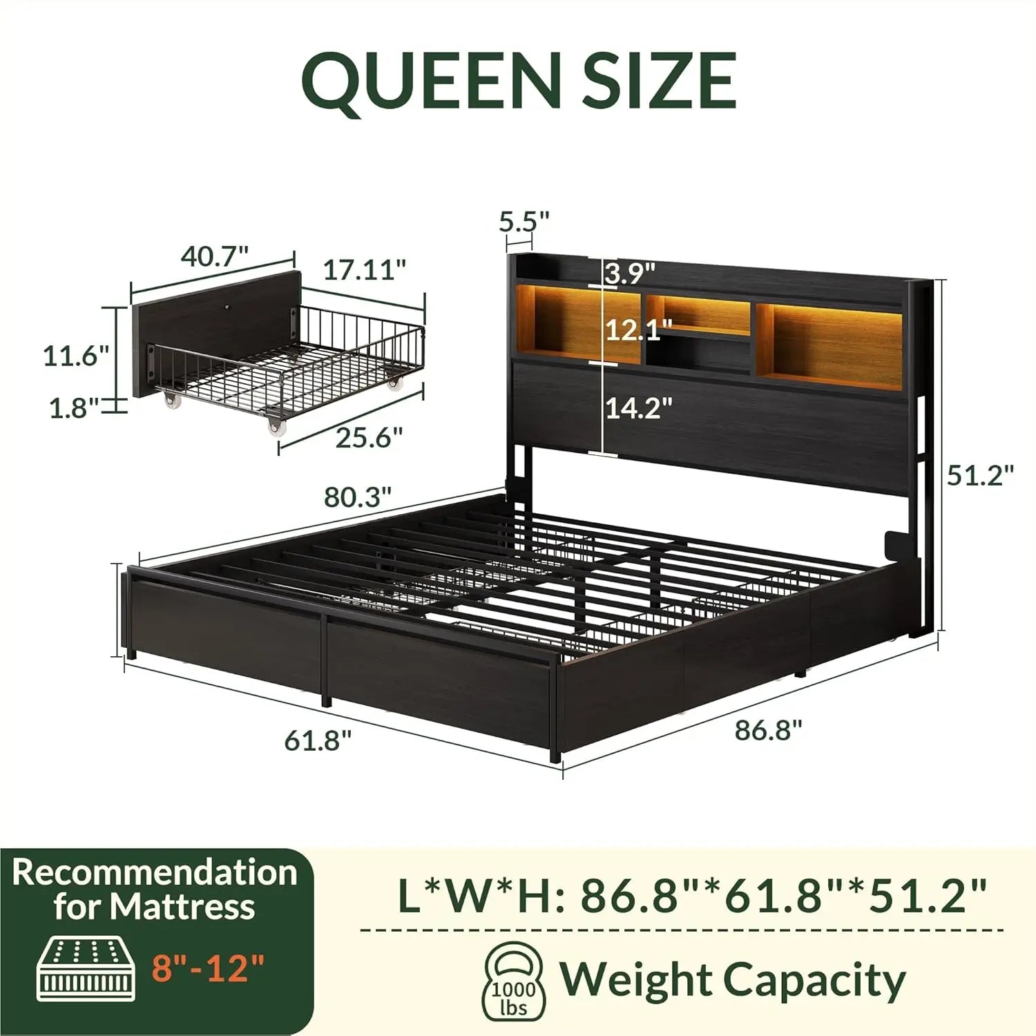Queen size wooden bed frame with 6 drawers headboard led lights & charging station no box spring needed black - united
