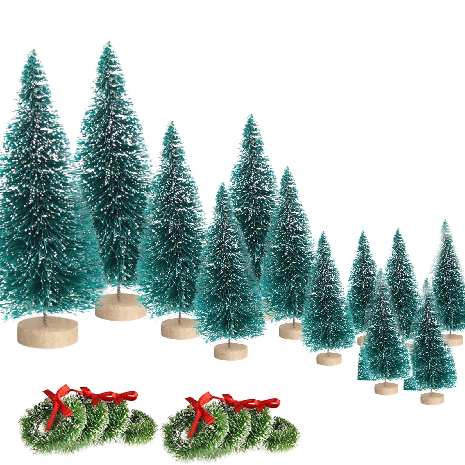 12pcs-artificial-mini-christmas-trees-with-8pcs-small-christmas-wreaths-bottle-brush-trees-with-wood-base-artificial-frosted